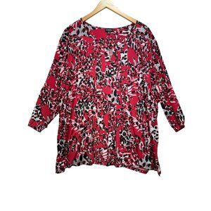 Links Womens Tunic Blouse Top Plus Size 3X Red Animal Print 3/4 Sleeves Retro